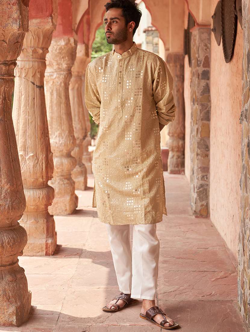 men beige embellished kurta and pyjama set  - 21960399 -  Standard Image - 3