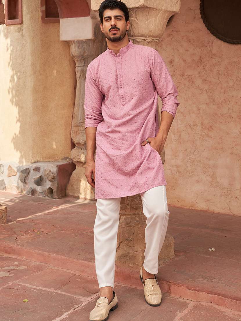 men pink embroidered kurta and pyjama set  - 21960401 -  Standard Image - 3