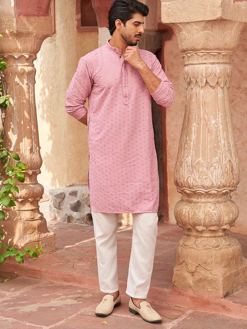 men pink embroidered kurta and pyjama set  - 21960401 -  Standard Image - 5