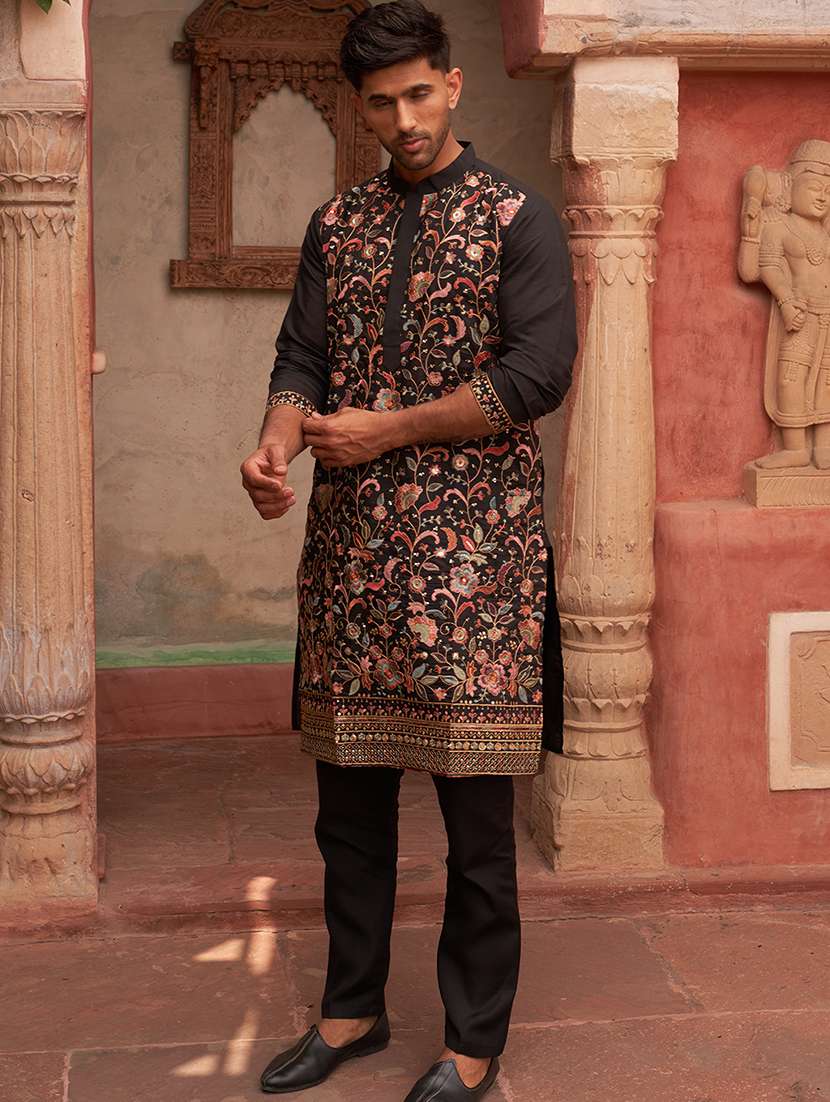 men black embroidered kurta and pyjama set  - 21960404 -  Standard Image - 3