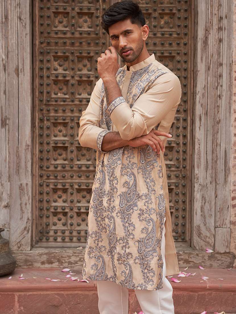 men beige embroidered kurta and pyjama set  - 21960405 -  Standard Image - 3