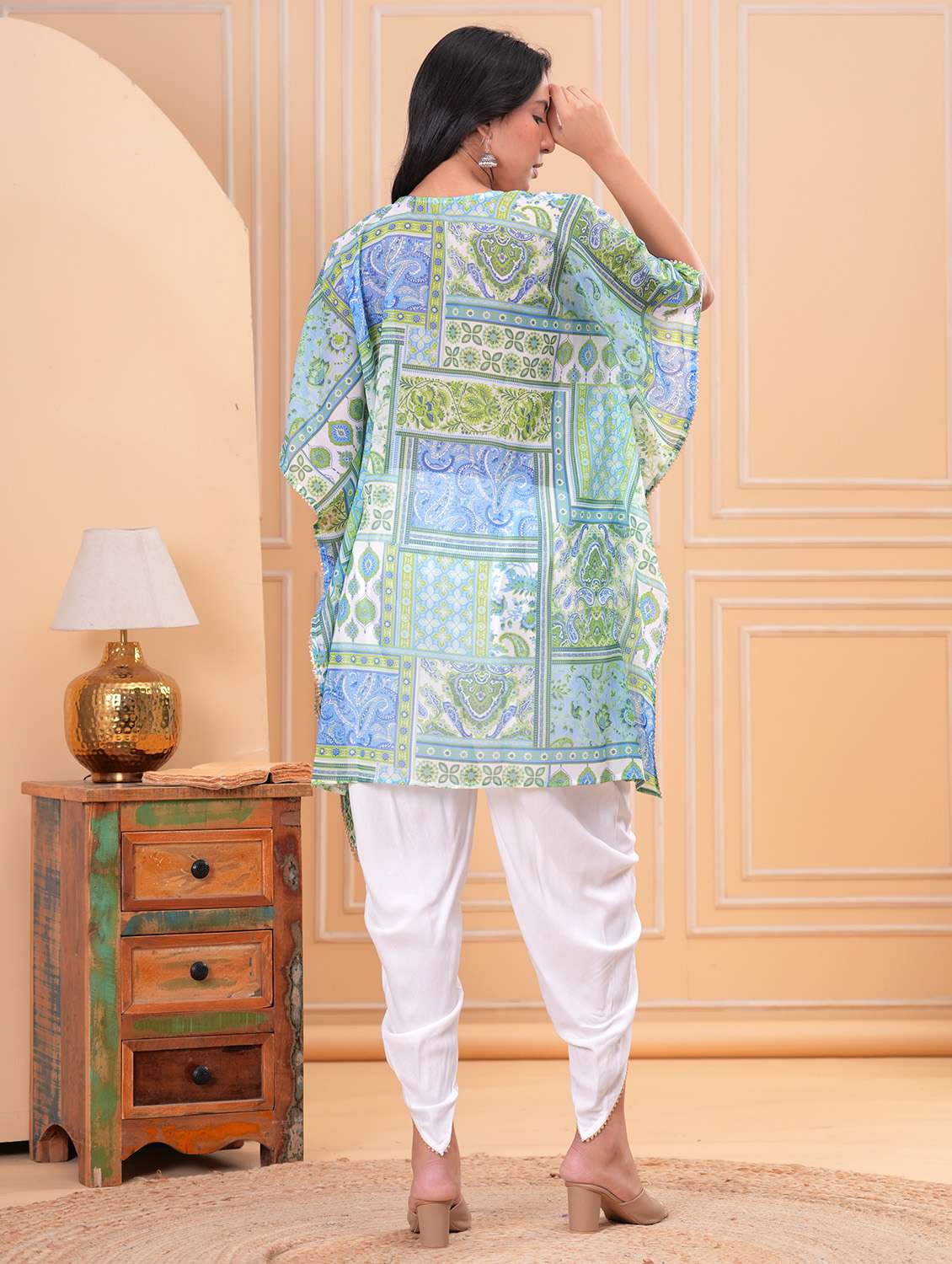 women printed kimono sleeve dhoti kaftan kurta set - 21960421 - Standard Image - 5