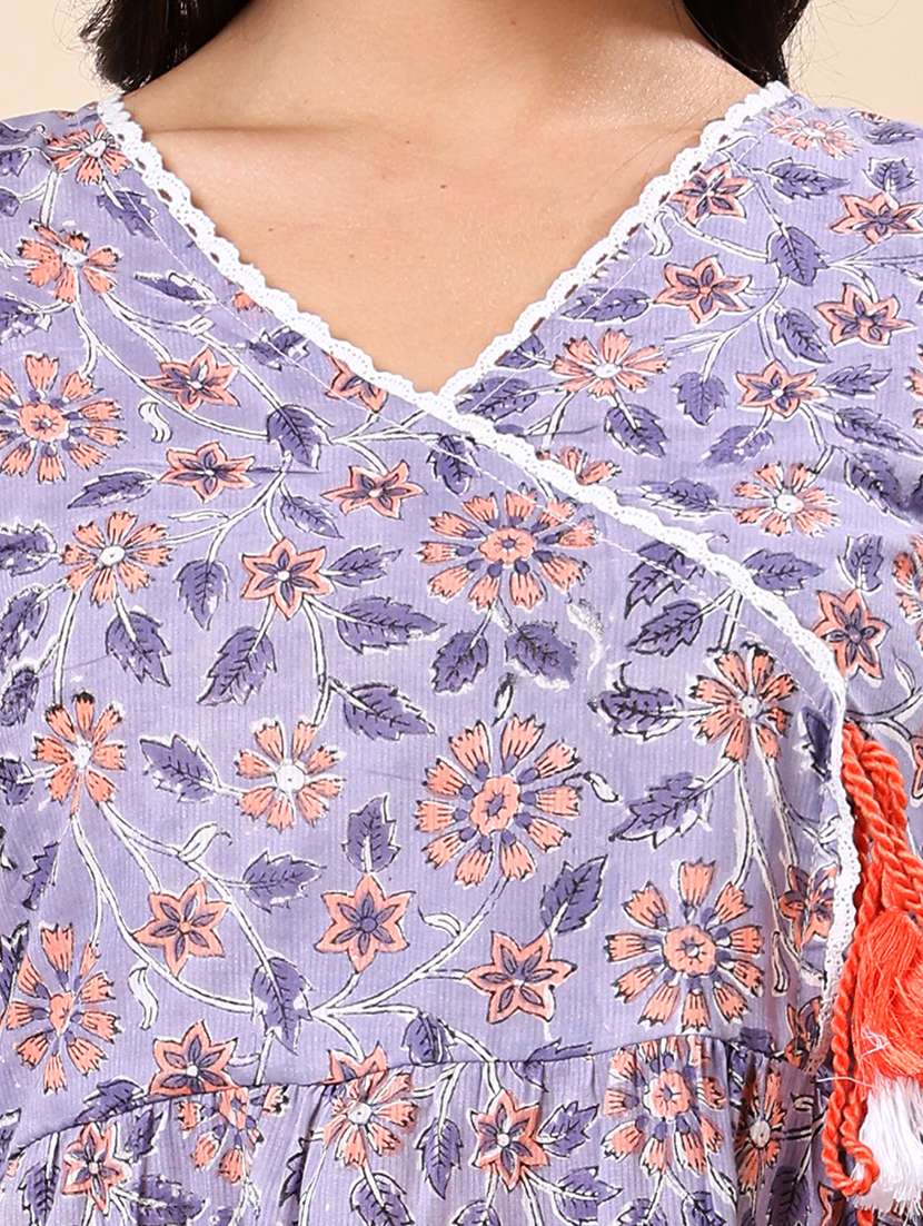 Women Floral Print Three Quarter Sleeve Tiered Dress