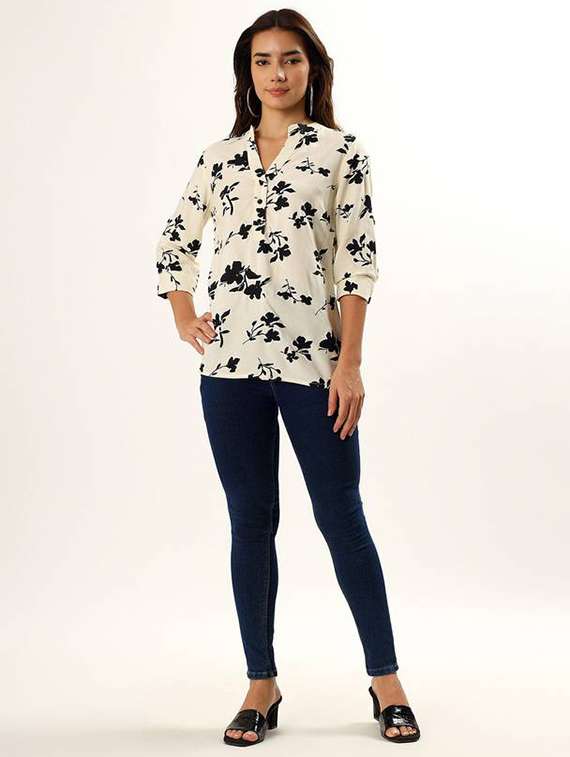 women off white printed three quater sleeve ethnic top - 21960504 -  Standard Image - 3