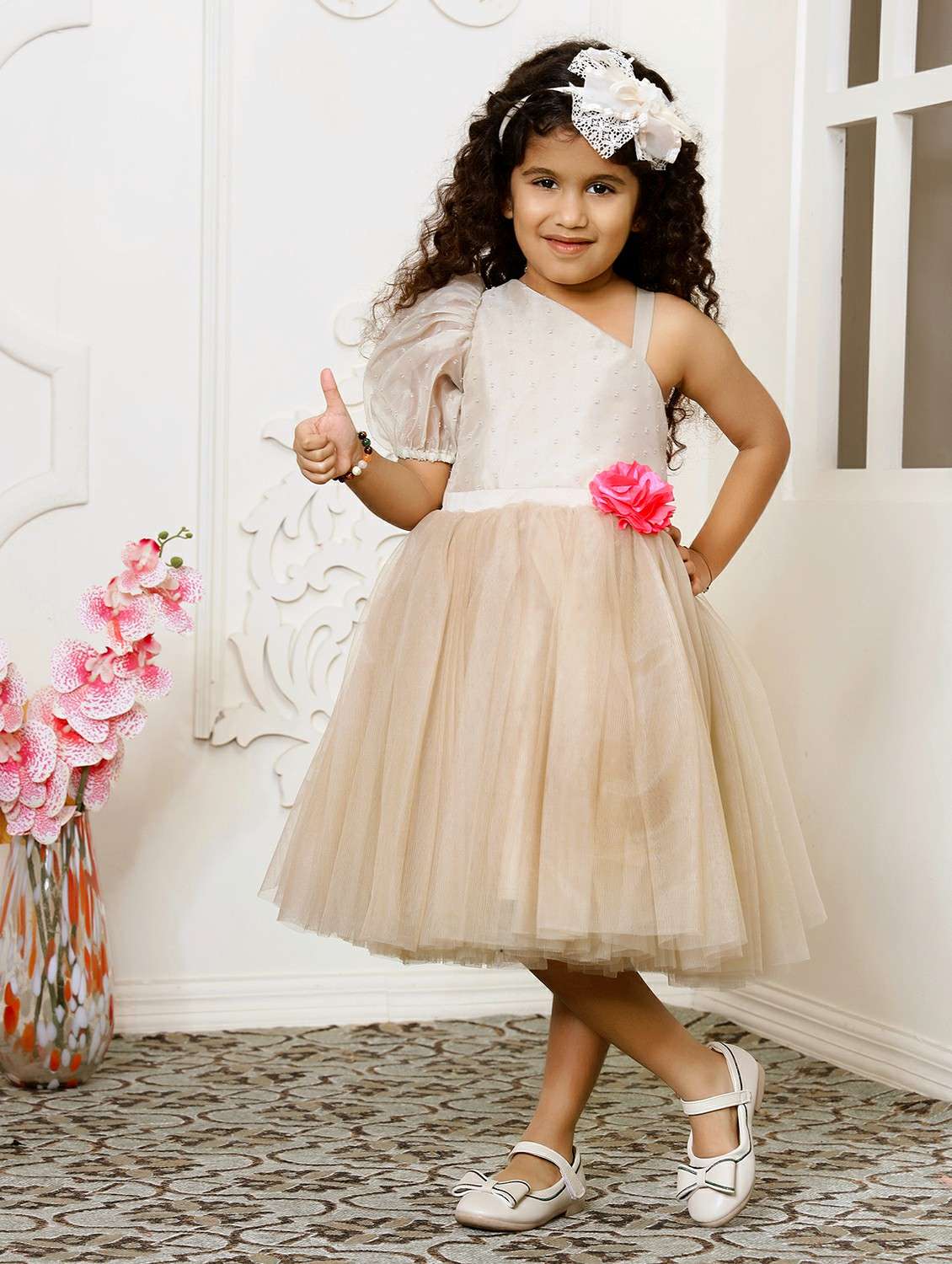 girls solid single shoulder fit & flare dress 