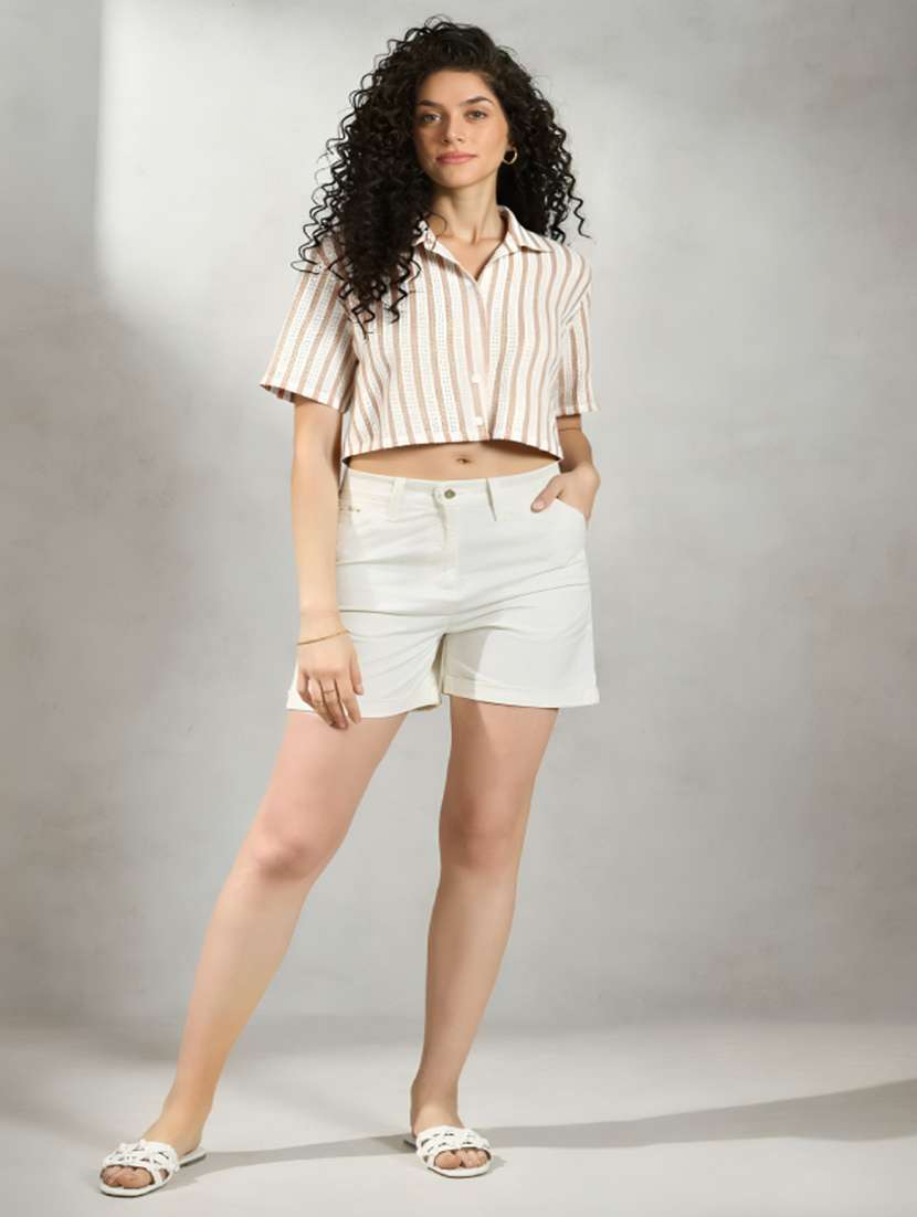 women striped collared short sleeve crop shirt - 21960548 -  Standard Image - 3
