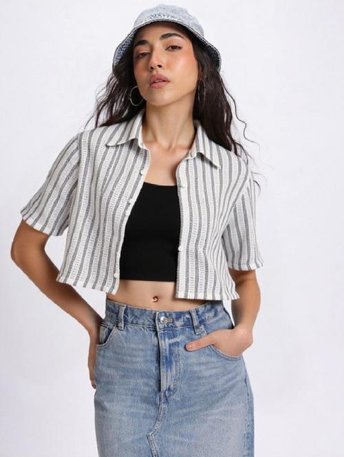 women striped collared short sleeve crop shirt - 21960549 -  Standard Image - 0