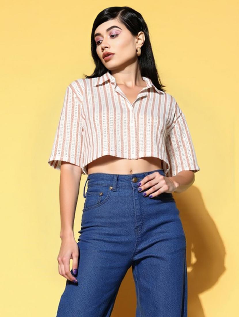 women striped collared short sleeve crop shirt
