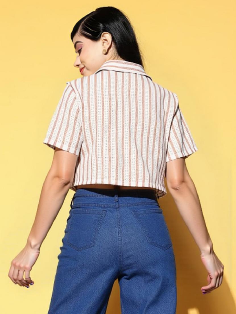 women striped collared short sleeve crop shirt - 21960550 - Standard Image - 3