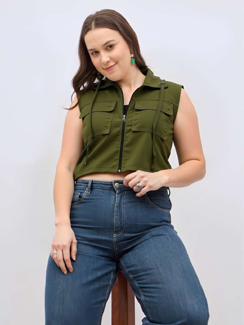 women plus size solid collared sleeveless crop top - 21960569 -  Zoom Image - 0