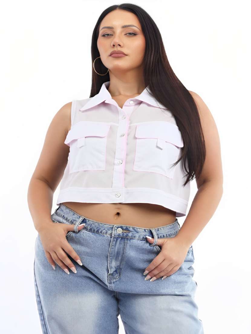 women plus size solid collared sleeveless crop top - 21960570 - Zoom Image - 0