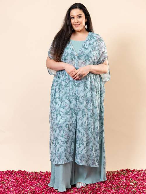 women printed top and trouser with jacket fusion set - 21960598 - Standard Image - 0