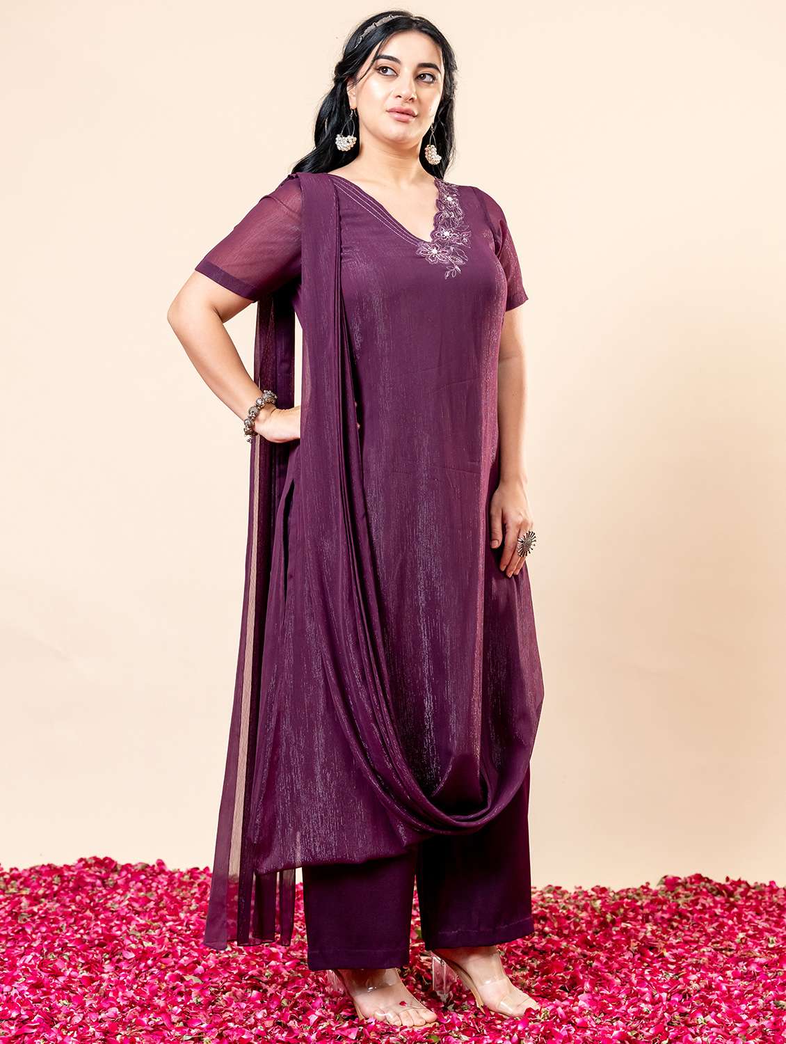 women embroidered neck short sleeve kurta palazzo set - 21960601 -  Standard Image - 3