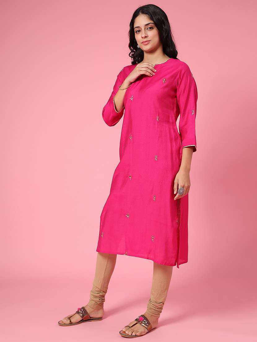 pink solid work wear straight kurta - 21960785 -  Standard Image - 3