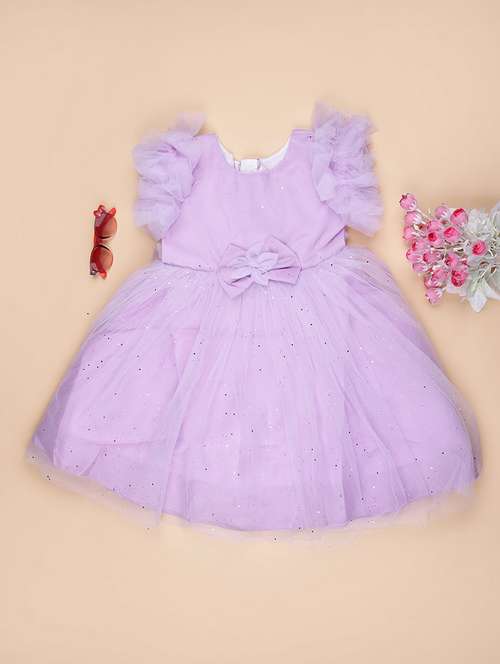 girls solid ruffle sleeve flared frock