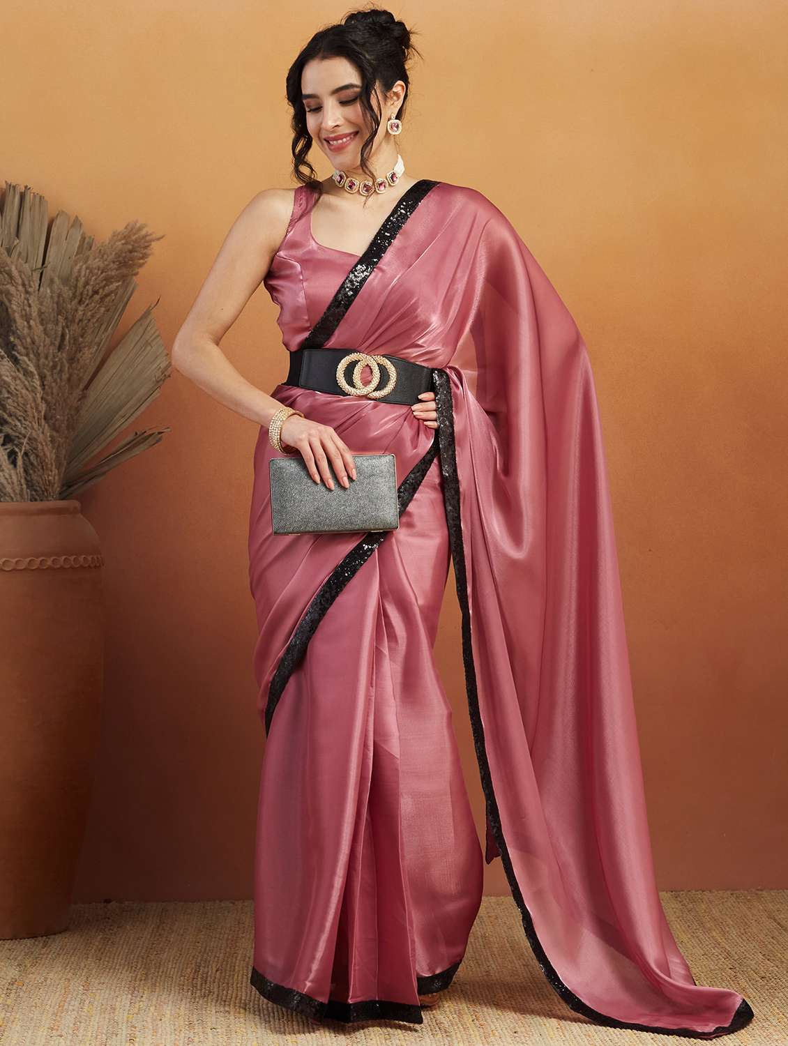 women solid with bordered ready to wear saree with blouse