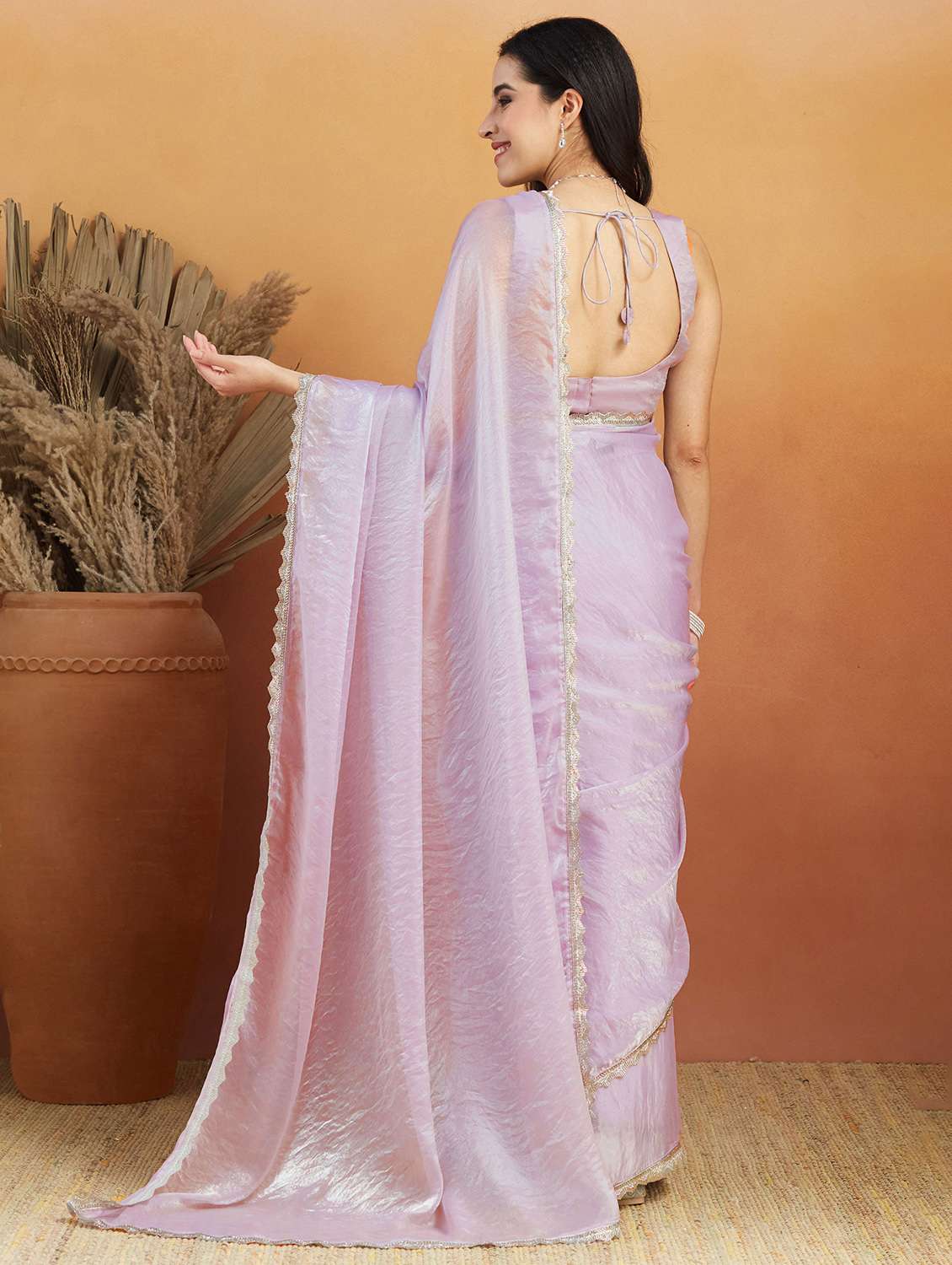 women solid with bordered ready to wear saree with blouse - 21961284 -  Standard Image - 3