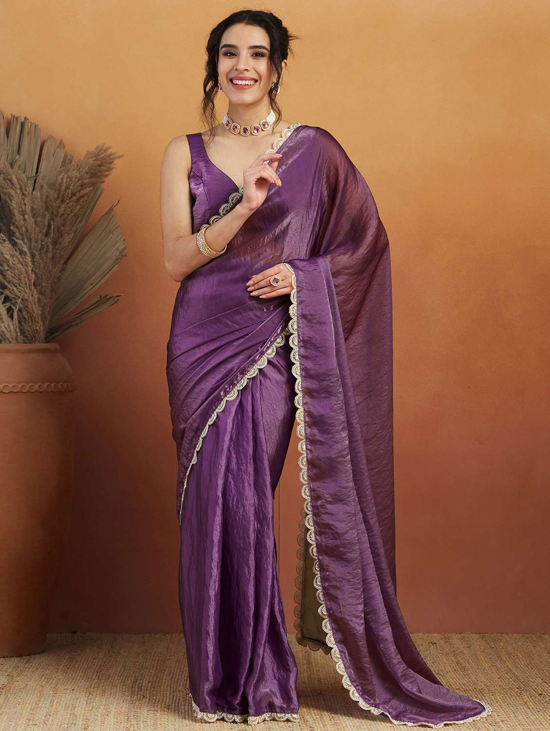 women solid with bordered ready to wear saree with blouse - 21961286 -  Zoom Image - 0