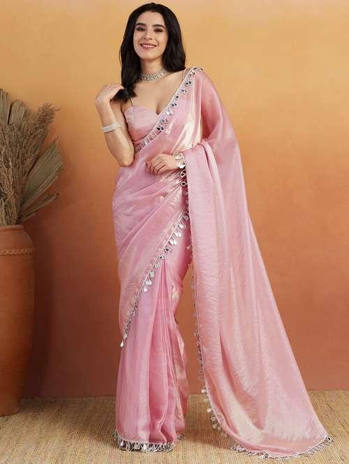 women solid with embellished bordered saree with blouse - 21961287 - Standard Image - 0