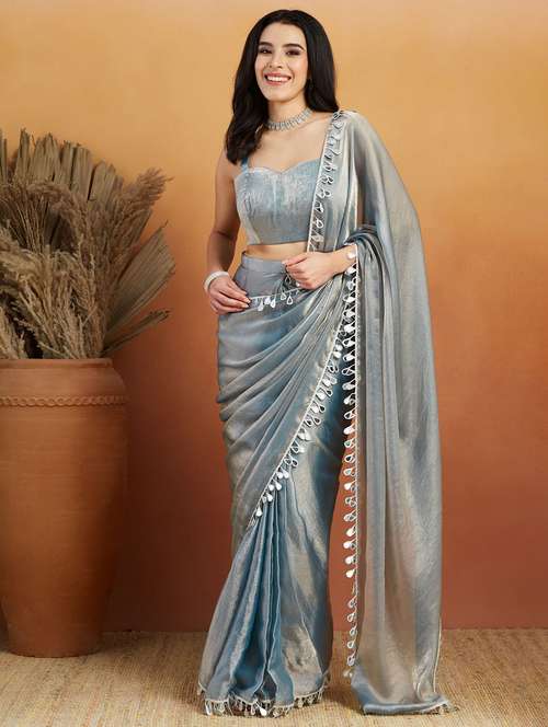 women solid with embellished bordered ready to wear saree with blouse - 21961288 -  Standard Image - 0