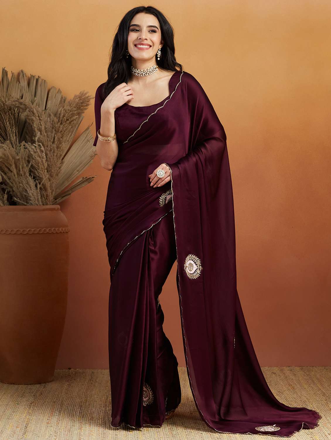 women purple ready to wear saree with blouse
