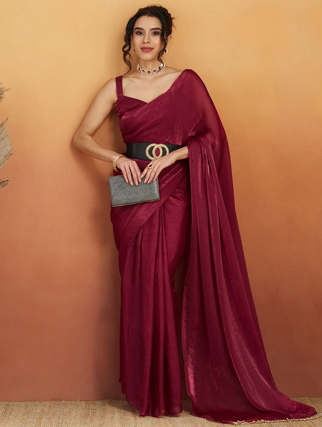 women maroon ready to wear saree with blouse