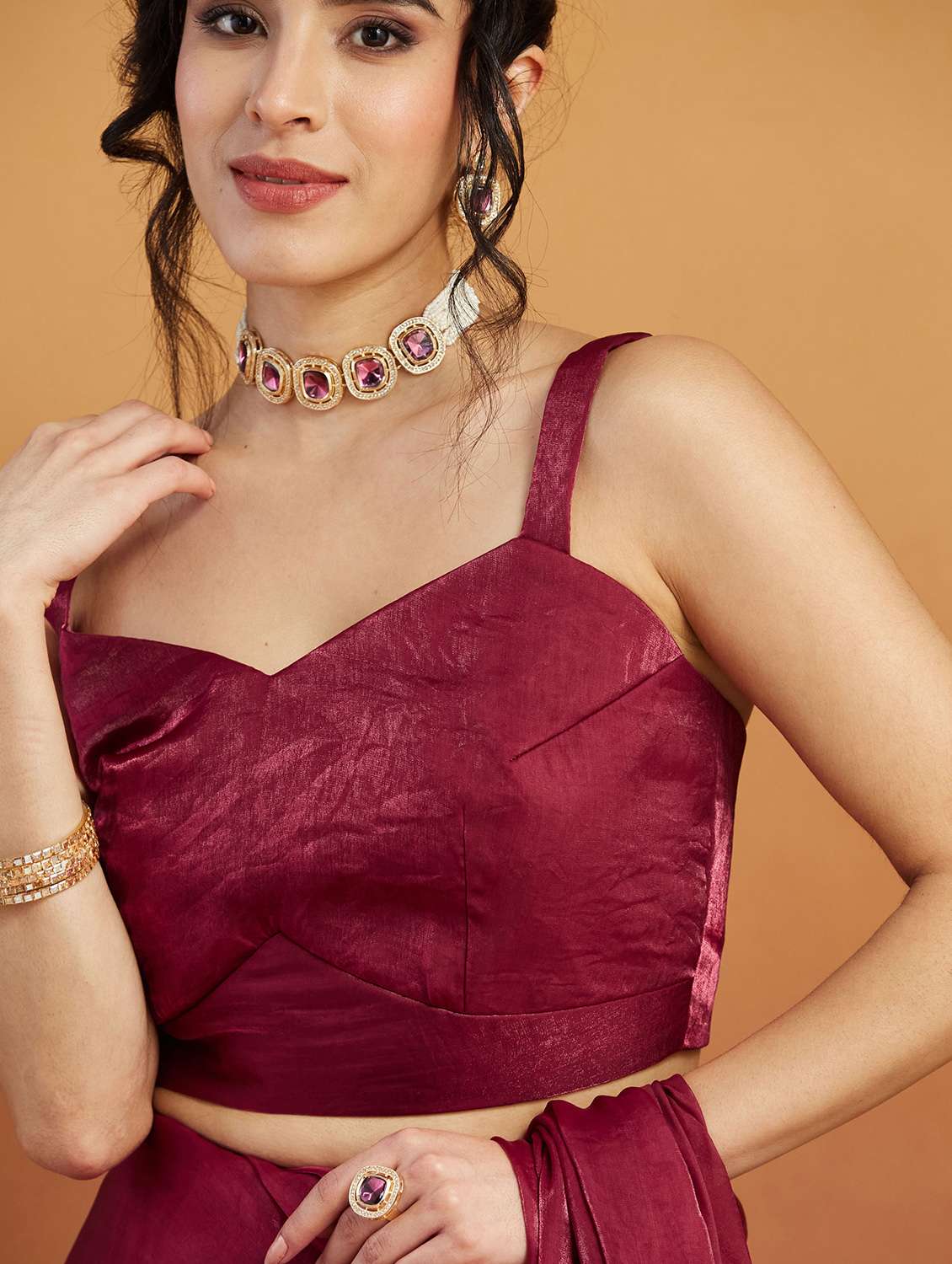 women maroon ready to wear saree with blouse - 21961293 -  Standard Image - 3