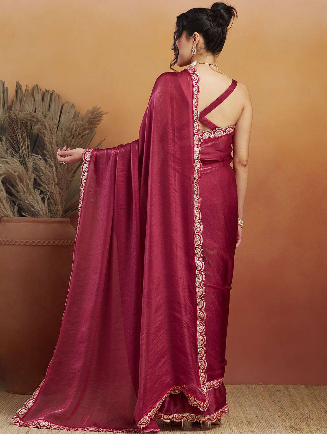 women maroon ready to wear saree with blouse - 21961295 -  Standard Image - 3