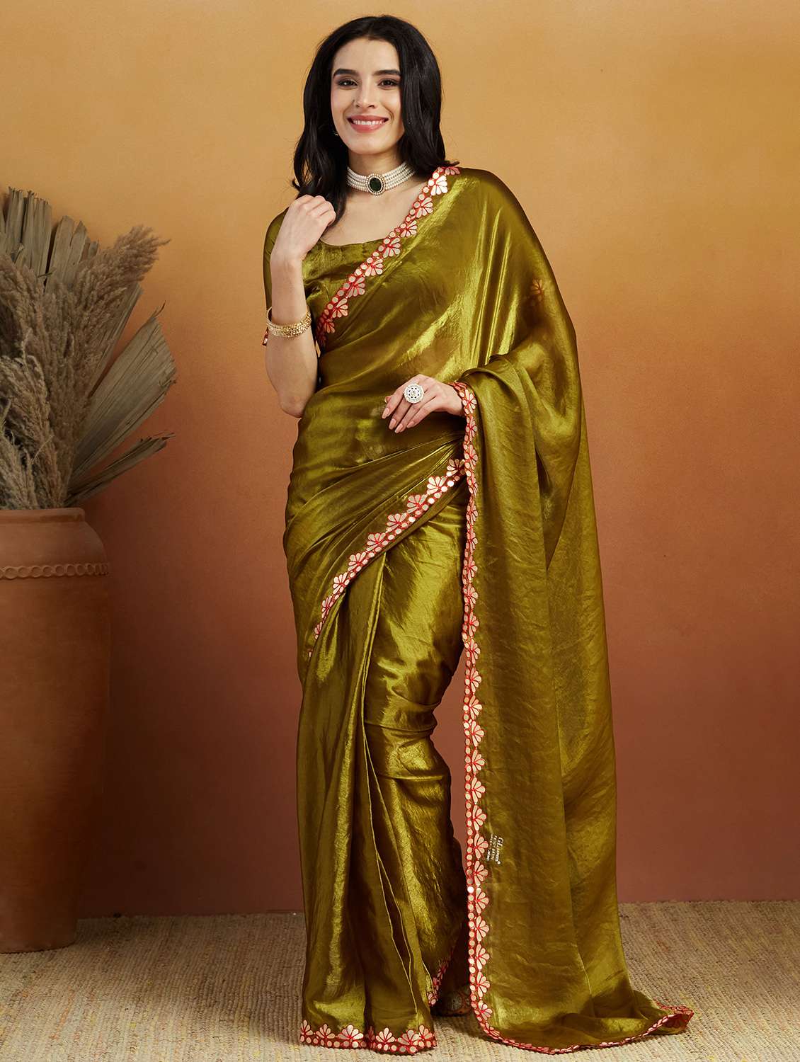 women solid with bordered ready to wear saree with blouse