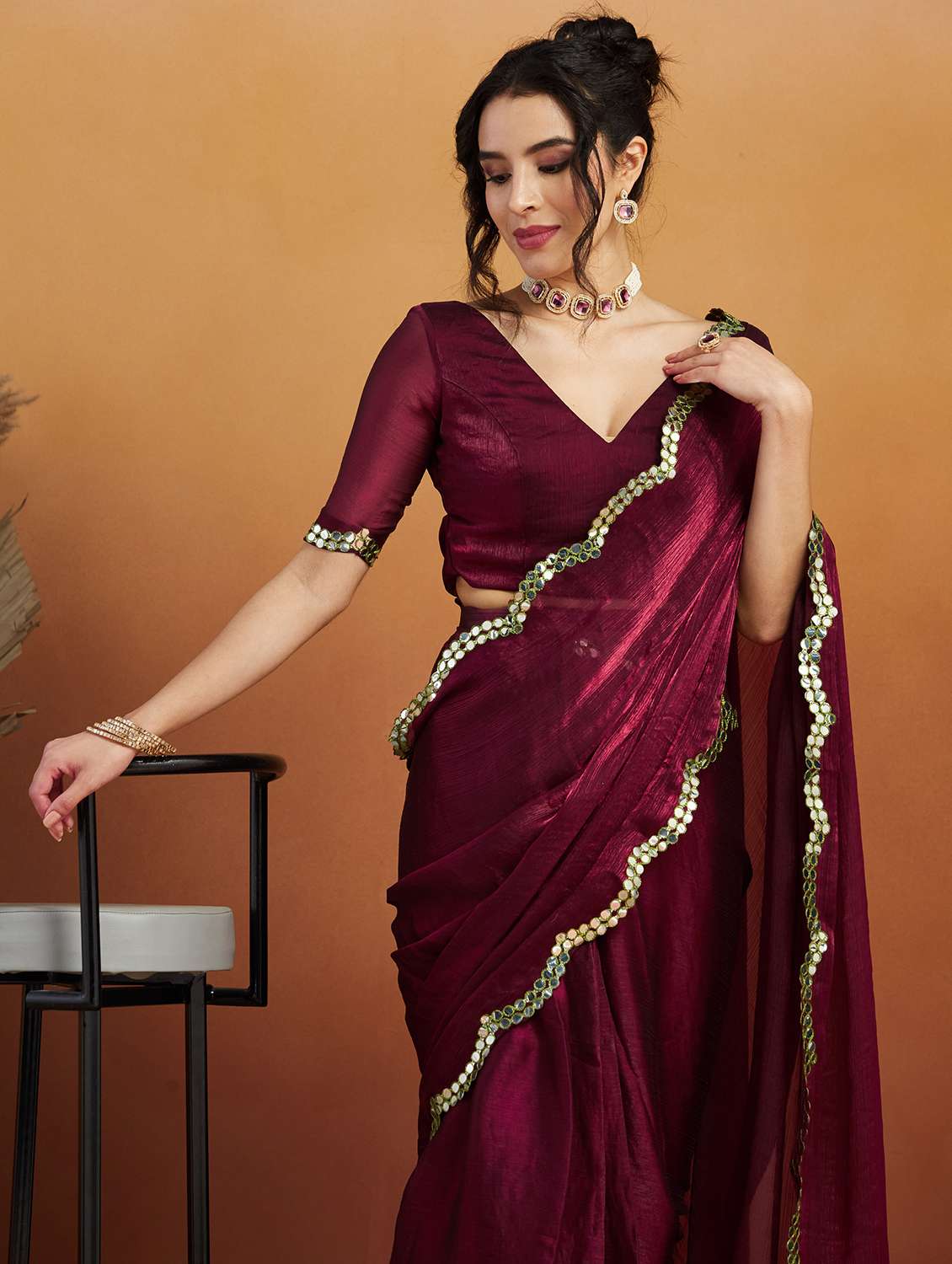 women solid with bordered ready to wear saree with blouse - 21961301 -  Standard Image - 3