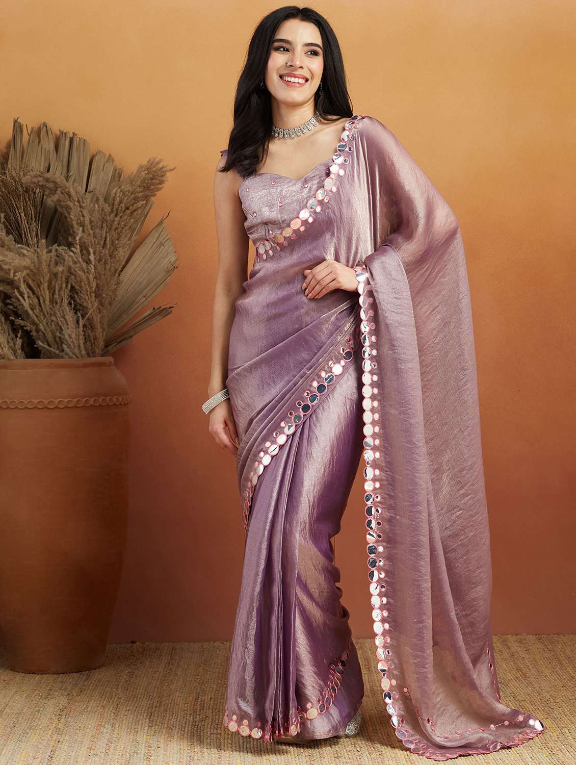 women solid with bordered ready to wear saree with blouse