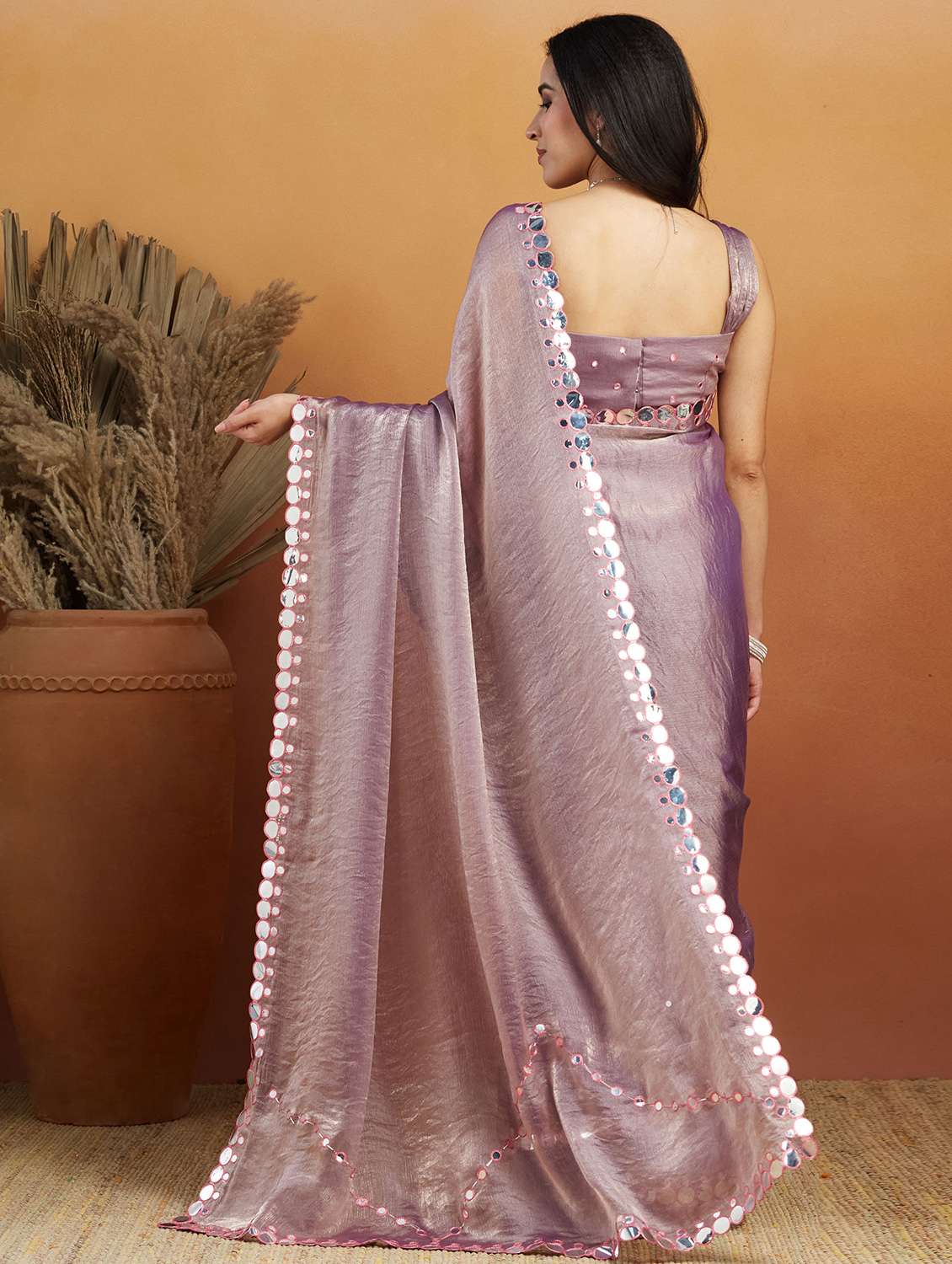 women solid with bordered ready to wear saree with blouse - 21961302 -  Standard Image - 3