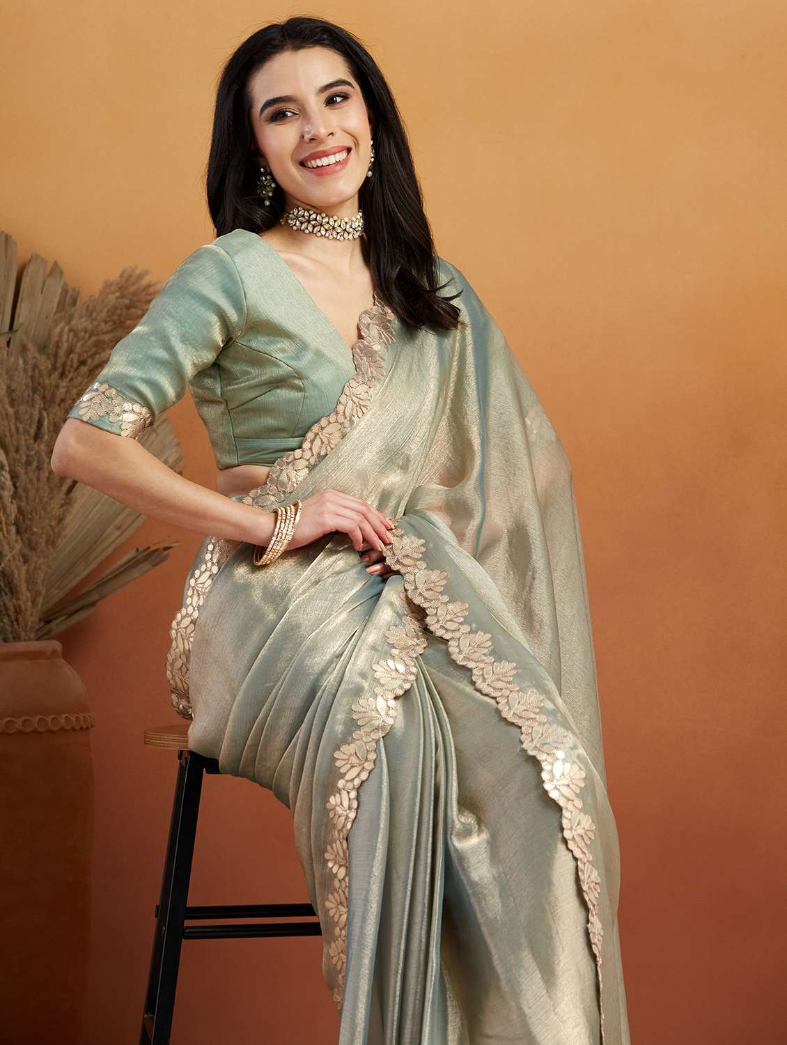 women solid with bordered ready to wear saree with blouse - 21961303 -  Standard Image - 3