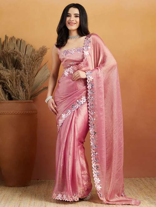 women solid with bordered ready to wear saree with blouse - 21961304 -  Standard Image - 0
