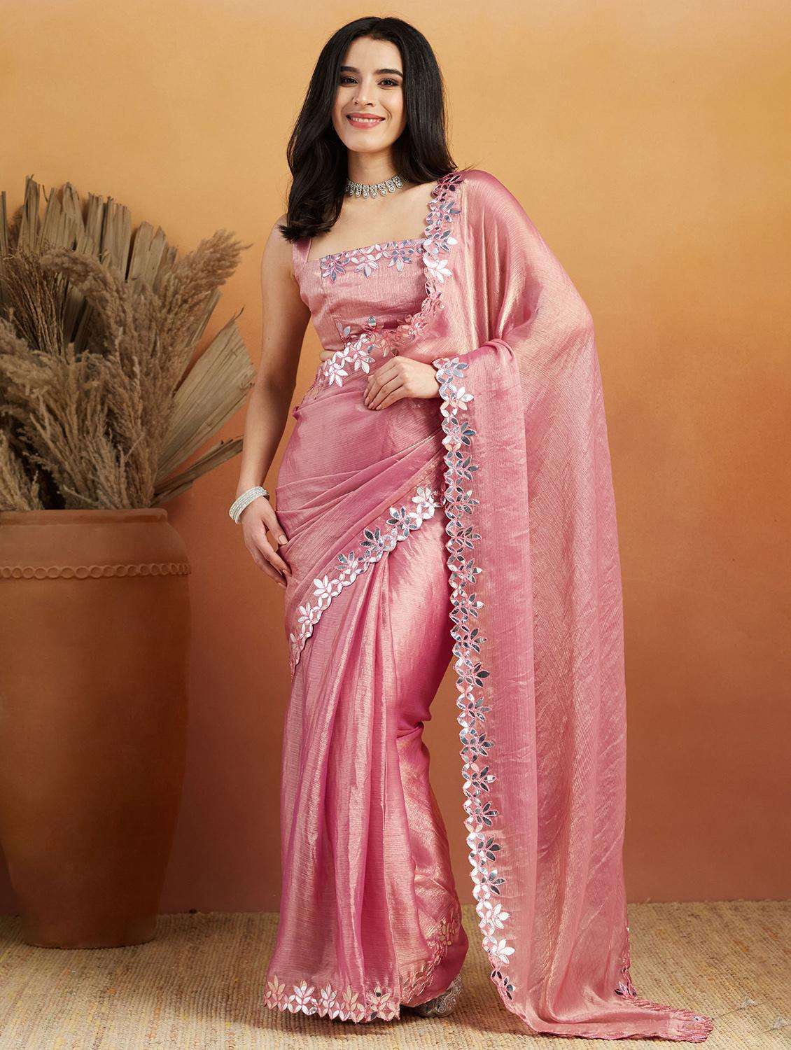 women solid with bordered ready to wear saree with blouse