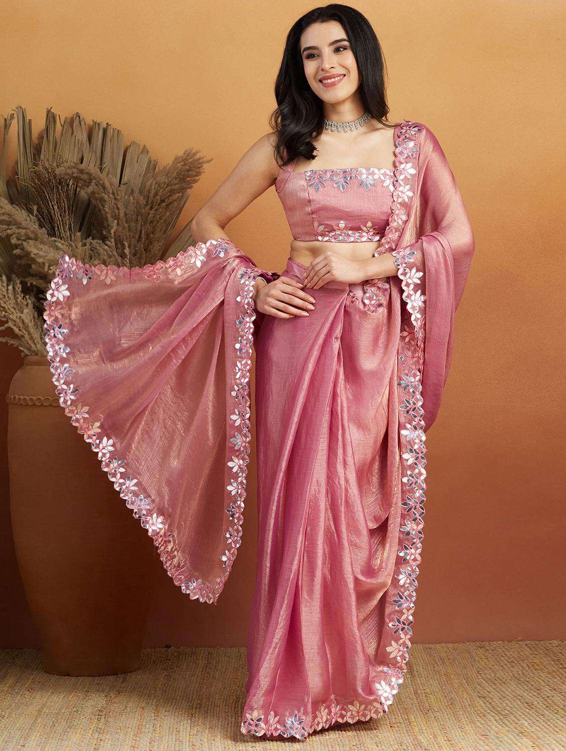 women solid with bordered ready to wear saree with blouse - 21961304 -  Standard Image - 3