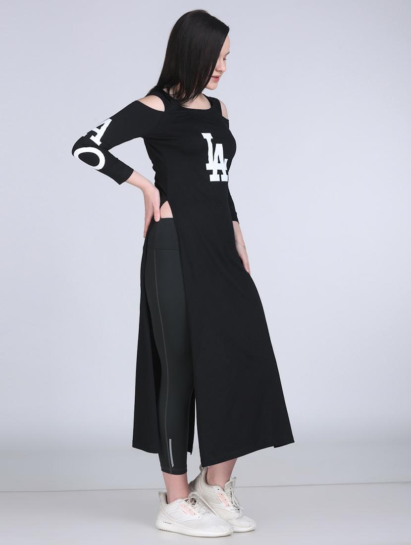 women printed cold shoulder long straight top - 21961350 - Standard Image - 3