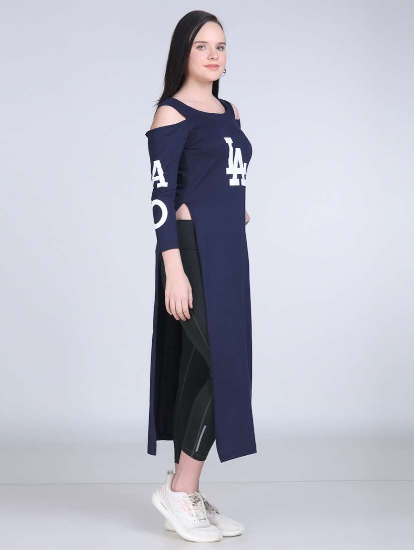 women printed cold shoulder long straight top - 21961352 -  Standard Image - 3