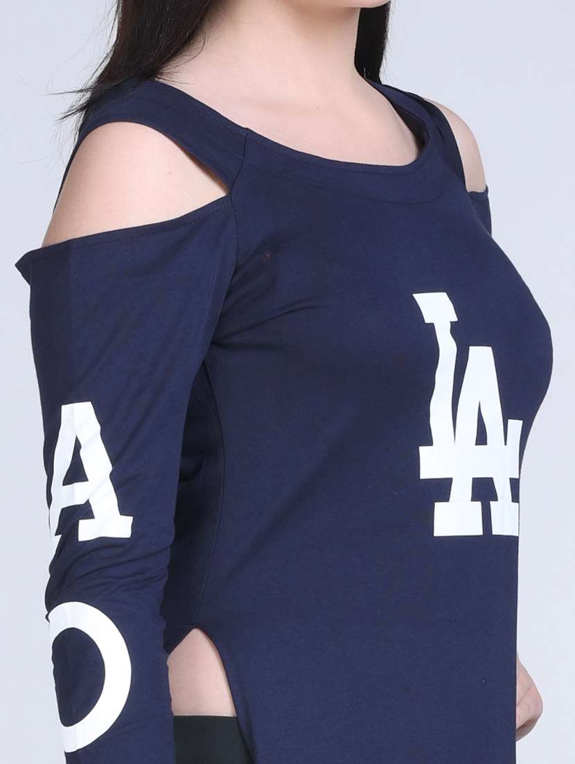 women printed cold shoulder long straight top - 21961352 -  Standard Image - 5