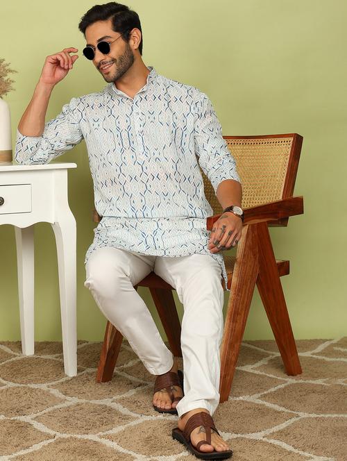 men printed mandarin neck long kurta - 21961377 - Standard Image - 0