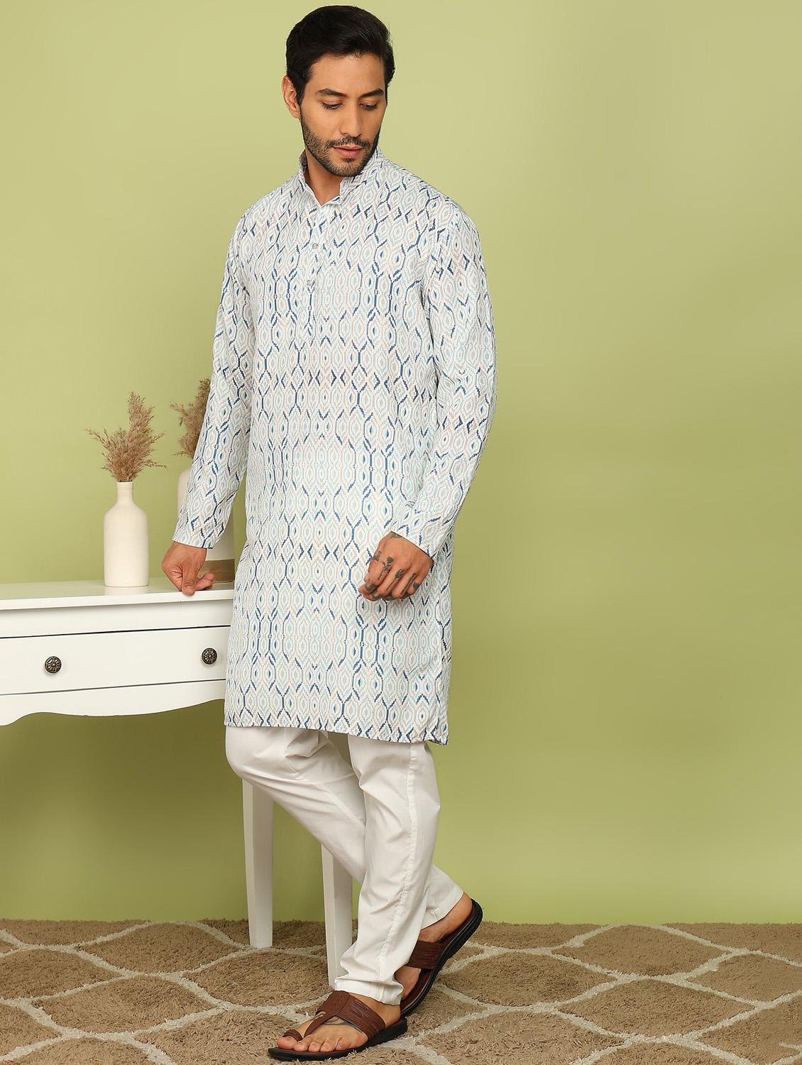 men printed mandarin neck long kurta - 21961377 - Standard Image - 3