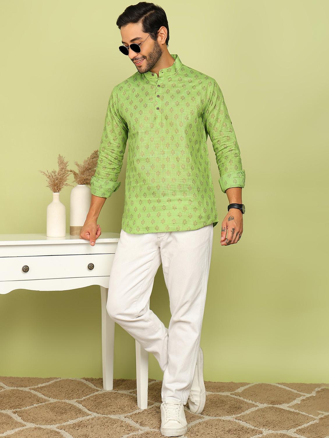 men printed mandarin neck short kurta - 21961380 - Standard Image - 5