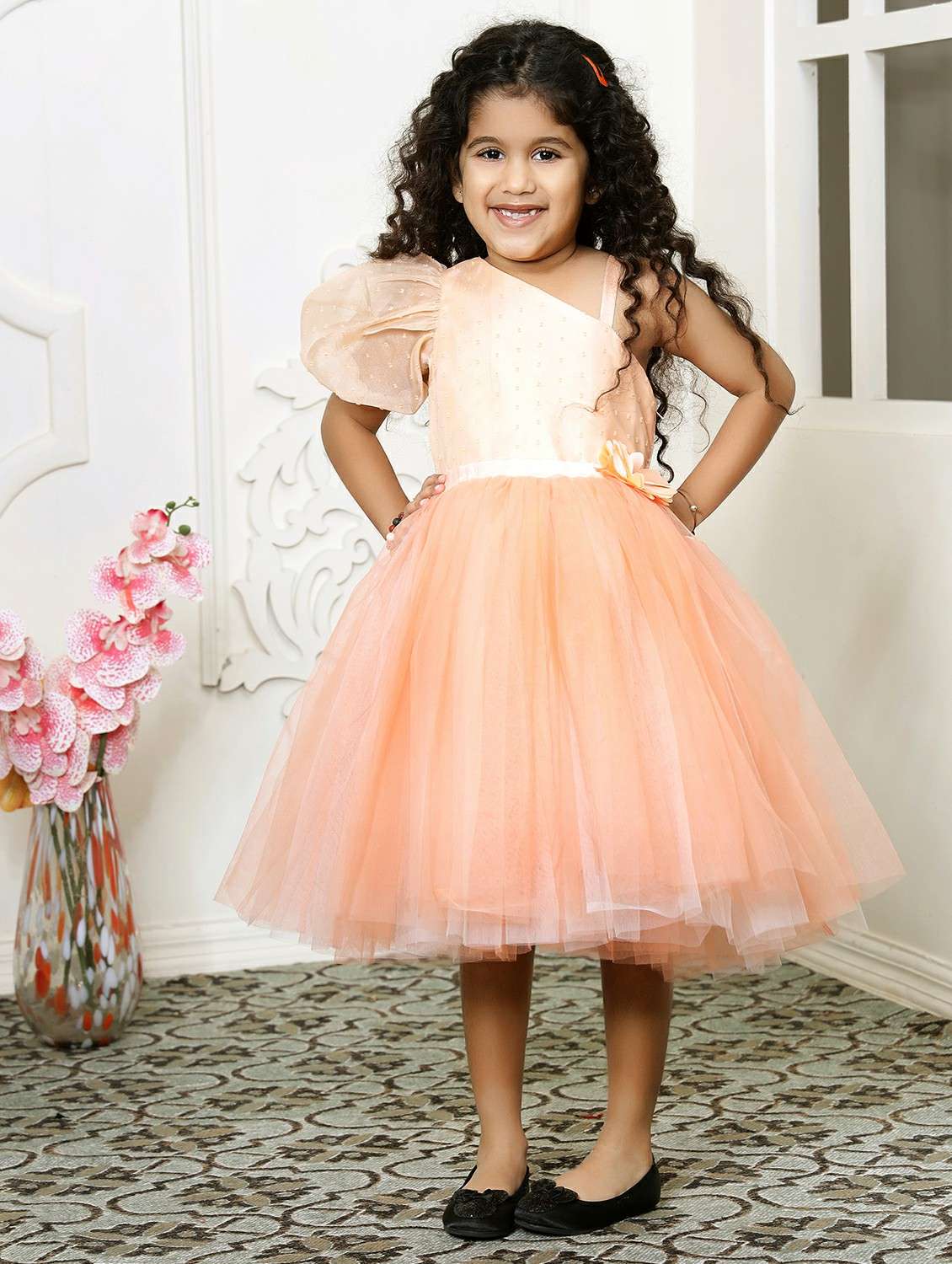 girls solid single shoulder fit & flare dress 