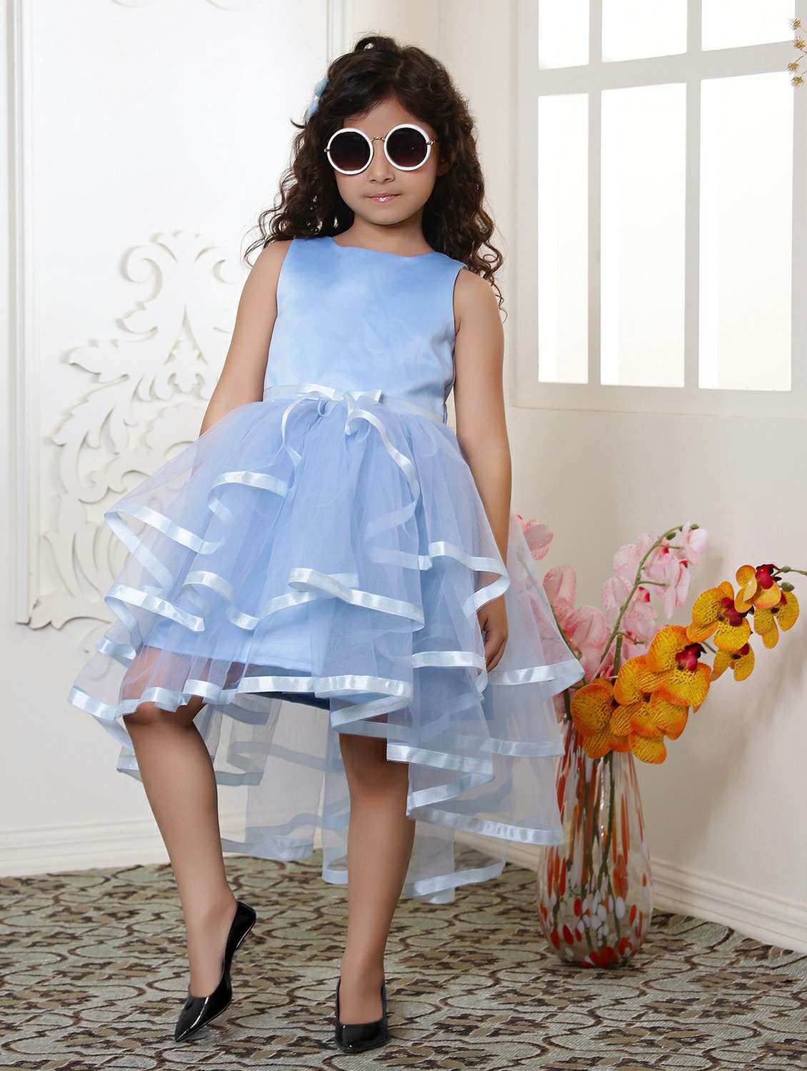 girls light blue sleeveless ruffle dress