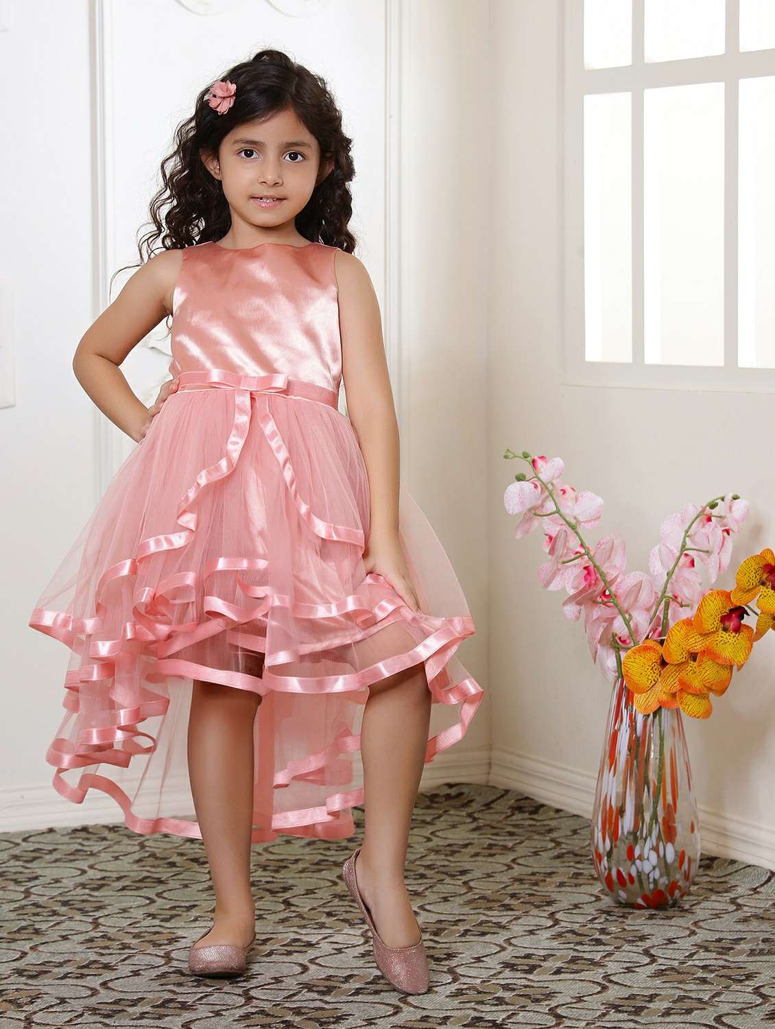 girls peach sleeveless ruffled dress