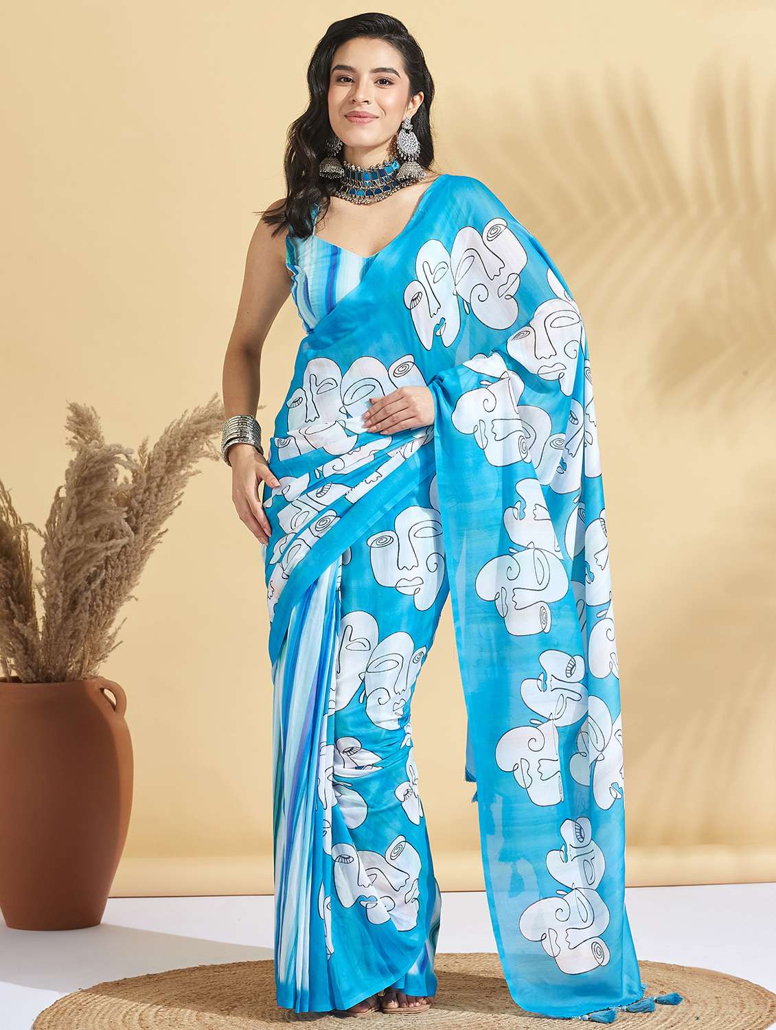 women printed ready to wear saree with blouse