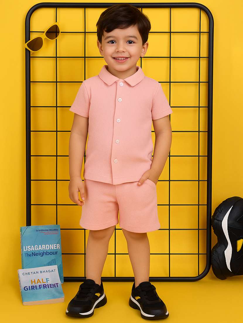 boys solid shirt & shorts co-ord set