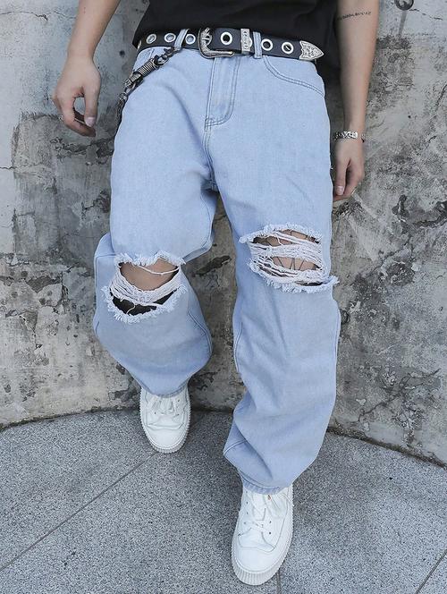 men slash knee mid rise full length baggy jeans - 21961628 - Standard Image - 0