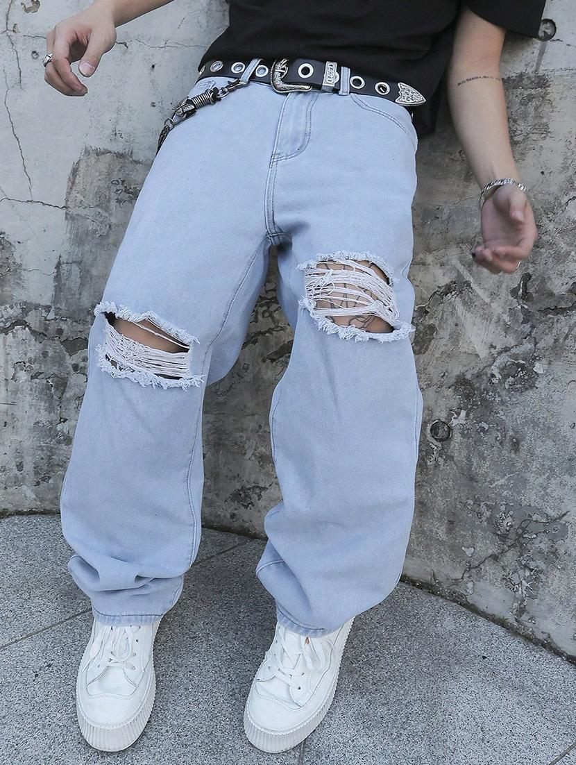 men slash knee mid rise full length baggy jeans - 21961628 - Standard Image - 3