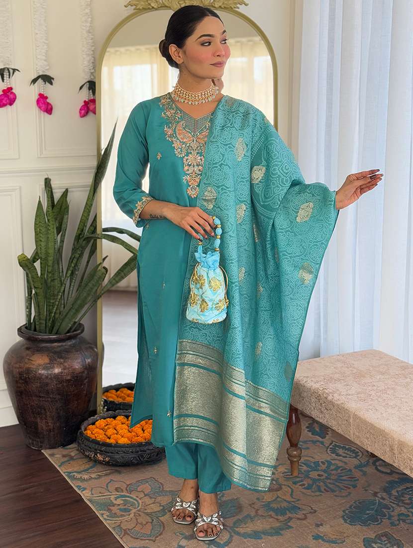 women three quarter sleeve kurta pant with dupatta set